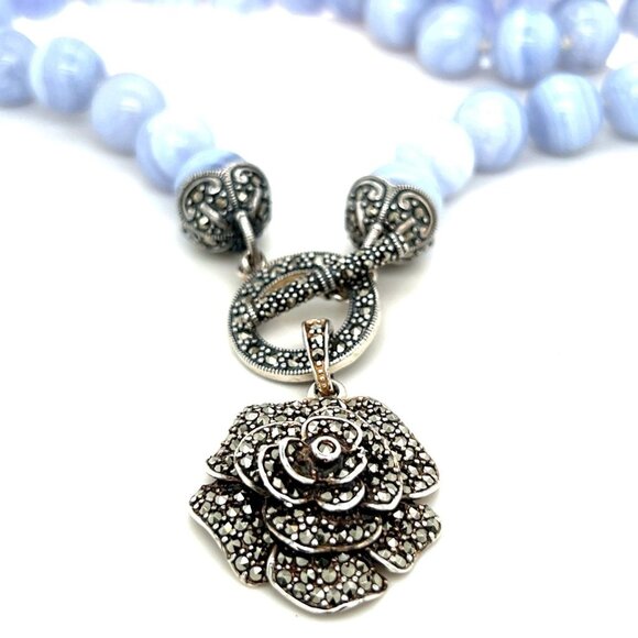 Sterling Silver Blue Lace Agate/Marcasites Toggle Necklace - Picture 1 of 10